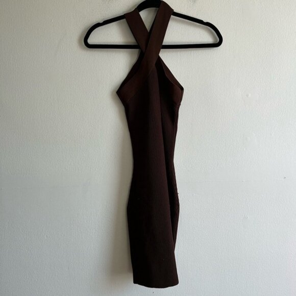 Aritzia Babaton Sz XS Sculpt Knit Criss Cross Brown Mini Dress - Picture 2 of 9